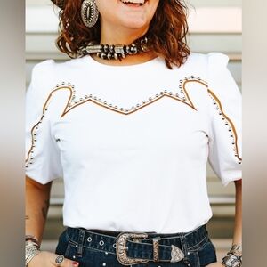NWT White Studded Western Tee with Embroidered Detail